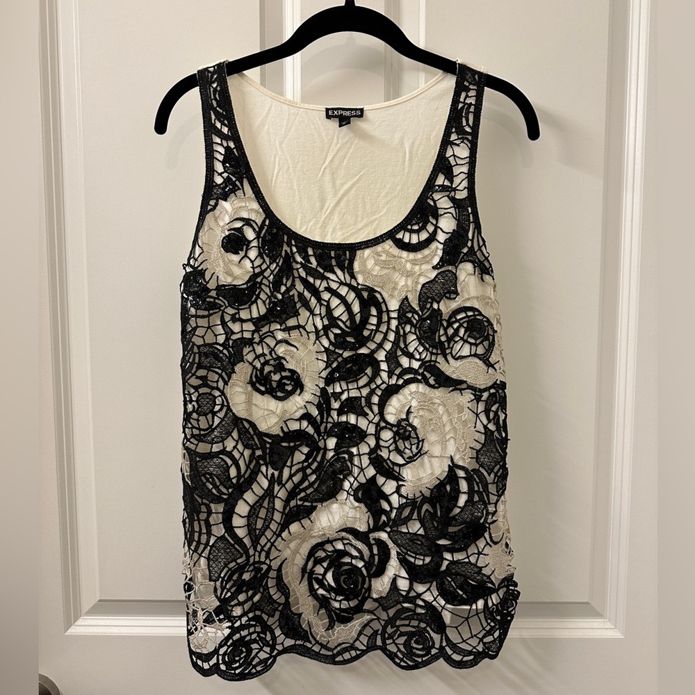 [Express] Black & White Lace & Sequin Tank